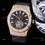 Best Replica Hublot Full Diamond Watch Rose Gold Black Dial Black Leather Strap